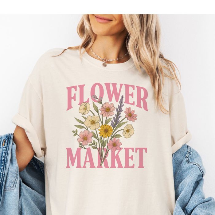 FLOWER MARKET - Illustrated Floral Bouquet Design - T-Shirt (Crewneck)  100 Cotton Heavyweight Tee (Unisex)  Comfort Colors