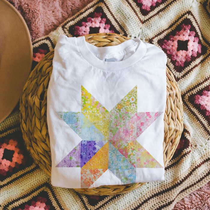 Bright Ditzy Floral Summer Print Quilted Star Pattern - Soft and Cozy T-Shirt (Crewneck)  Bella Canvas