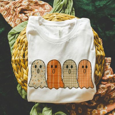 Cute Faux Qulted Ghosts In A Row Perfect For Halloween - Soft Comfy T-Shirt Bella Canvas