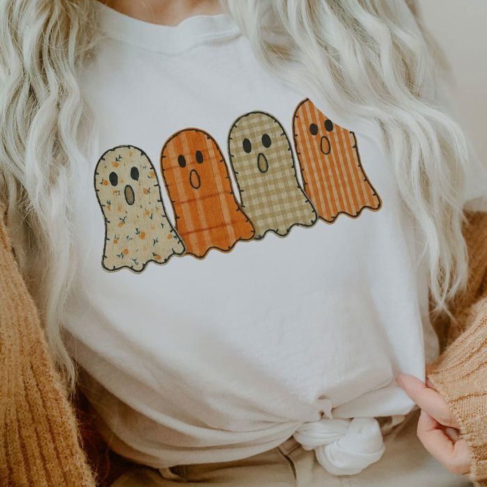 Cute Faux Qulted Ghosts In A Row Perfect For Halloween - Soft Comfy T-Shirt Bella Canvas