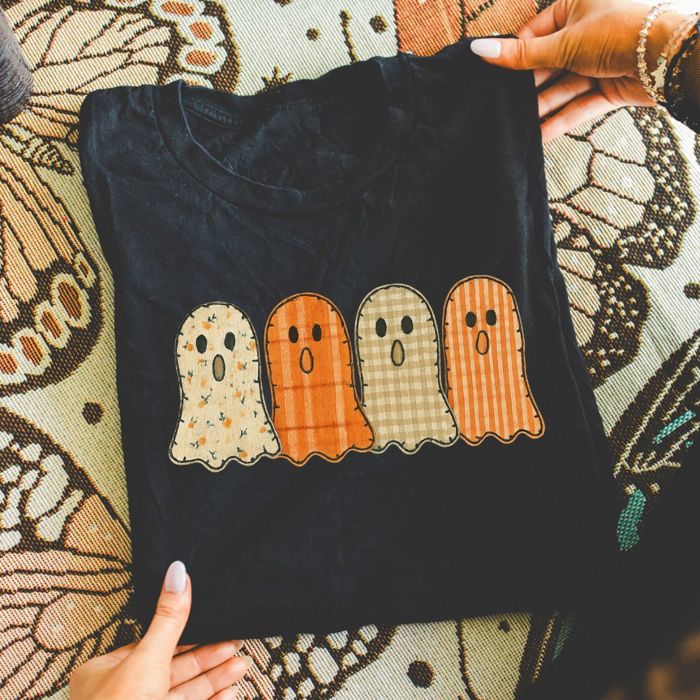 Cute Faux Qulted Ghosts In A Row Perfect For Halloween - Soft Comfy T-Shirt Bella Canvas
