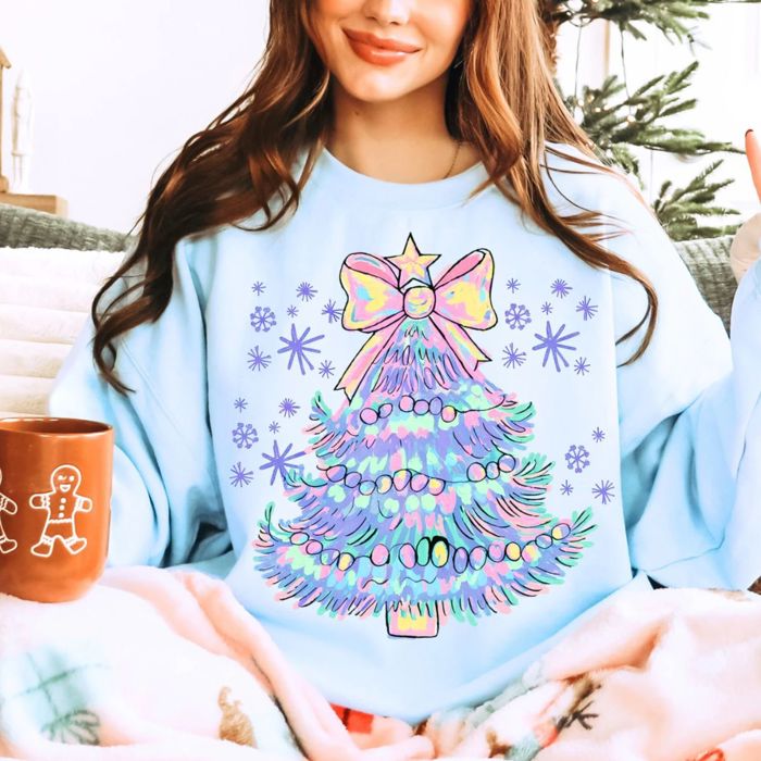 Merry and Bright Sparkly Pastel Christmas Tree - Soft Drop Shoulder Comfy Sweatshirt