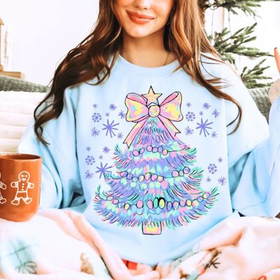 Merry and Bright Sparkly Pastel Christmas Tree - Soft Drop Shoulder Comfy Sweatshirt