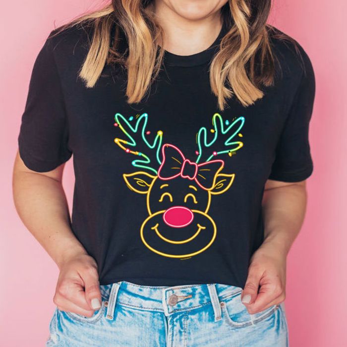 Neon Sign Cute Rudolph The Red Nosed Reindeer Christmas - T-Shirt (Crewneck)  100 Cotton Solid Colors Jersey Tee (Unisex)  Bella Canvas, T-Shirt (Crewneck) 