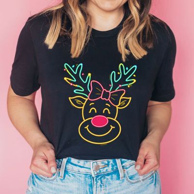 Neon Sign Cute Rudolph The Red Nosed Reindeer Christmas - T-Shirt (Crewneck)  100 Cotton Solid Colors Jersey Tee (Unisex)  Bella Canvas, T-Shirt (Crewneck) 