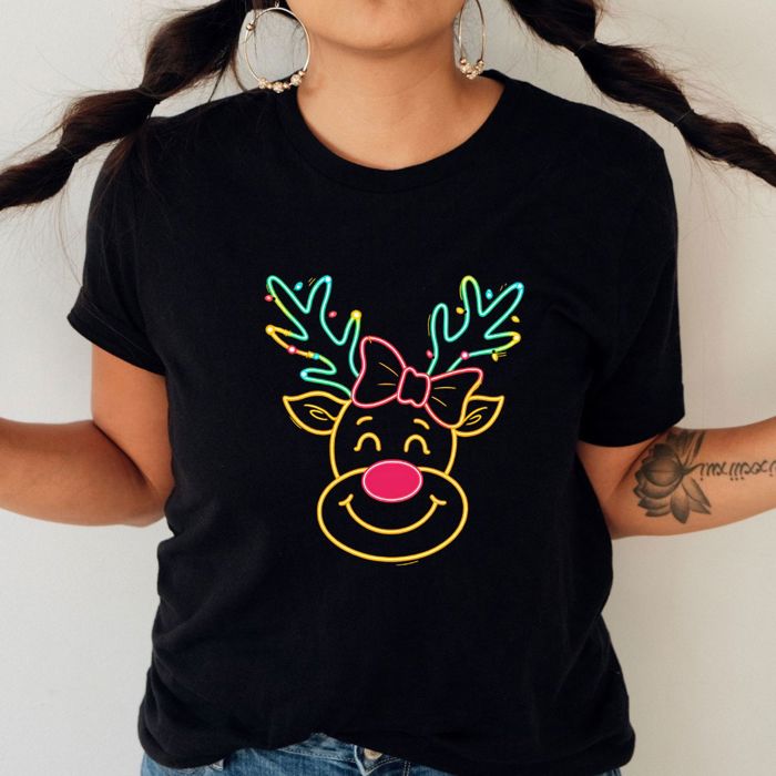 Neon Sign Cute Rudolph The Red Nosed Reindeer Christmas - T-Shirt (Crewneck)  100 Cotton Solid Colors Jersey Tee (Unisex)  Bella Canvas, T-Shirt (Crewneck) 