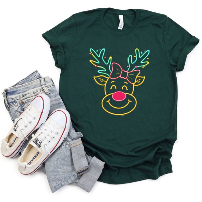 Neon Sign Cute Rudolph The Red Nosed Reindeer Christmas - T-Shirt (Crewneck)  100 Cotton Solid Colors Jersey Tee (Unisex)  Bella Canvas, T-Shirt (Crewneck) 