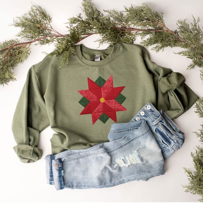 Faux Christmas Poinsettia Quilt Block  - Comfy Drop Shoulder Sweatshirt