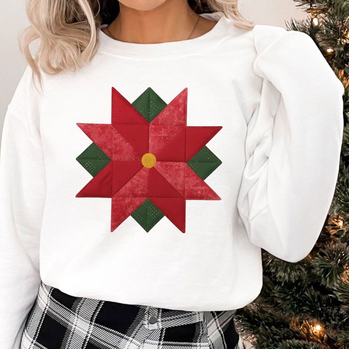 Faux Christmas Poinsettia Quilt Block  - Comfy Drop Shoulder Sweatshirt