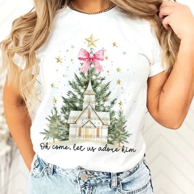 Come Let Us Adore Him Old Town Chapel Bow - Soft Cozy T-Shirt (Crewneck) Bella Canvas
