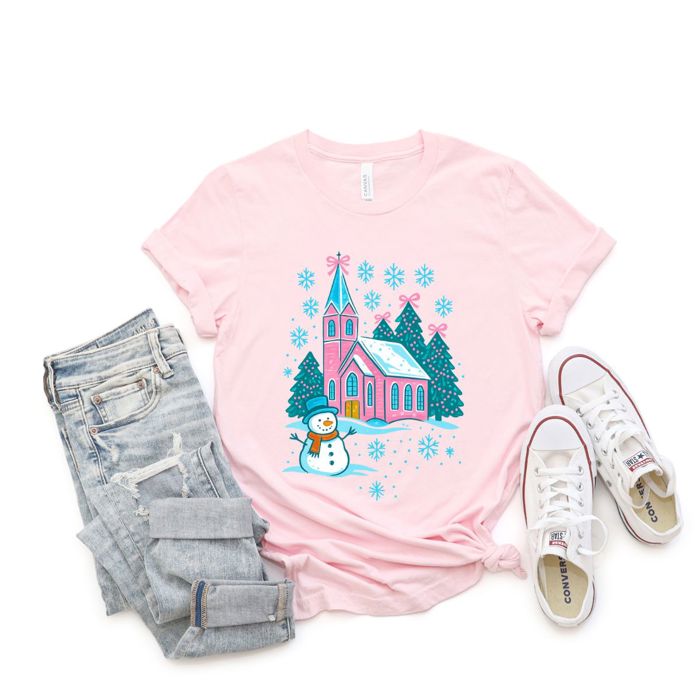 Little Pink Christmas Church In The Snow - Soft Comfy T-Shirt Bella Canvas