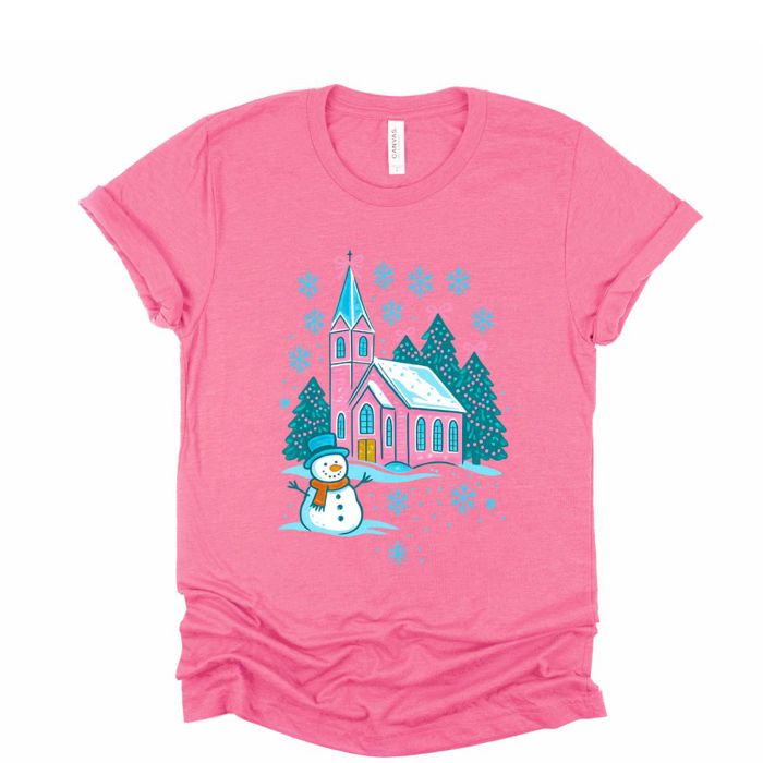 Little Pink Christmas Church In The Snow - Soft Comfy T-Shirt Bella Canvas