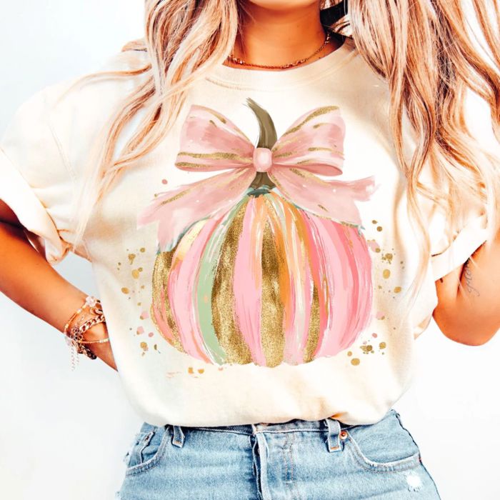 Faux Glitter Bow Fall Pumpkin  - T-Shirt (Crewneck)  Heavyweight Tee (Unisex) Comfort Colors