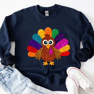 Faux Sparkly Glitter Thanksgiving Turkey - Sweatshirt Drop Shoulder