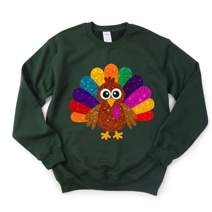 Faux Sparkly Glitter Thanksgiving Turkey - Sweatshirt Drop Shoulder