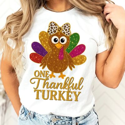 Faux Sparkly One Thankful Turkey Thanksgiving Style - T-Shirt (Crewneck) Soft Longer Length Bella Canvas