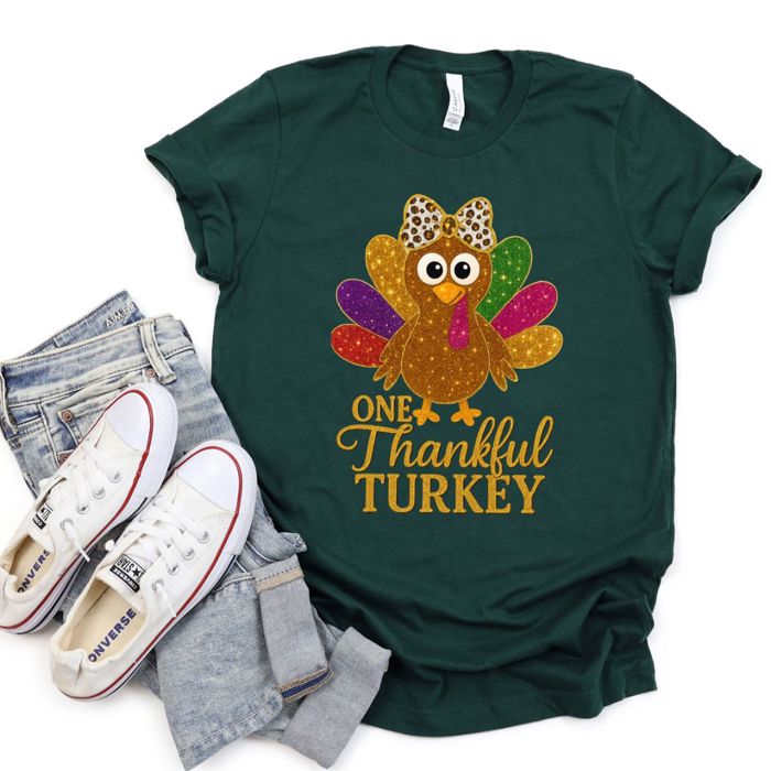 Faux Sparkly One Thankful Turkey Thanksgiving Style - T-Shirt (Crewneck) Soft Longer Length Bella Canvas