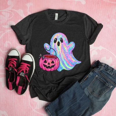 Pink Sparkle Ghost With Candy Bucket - Soft Cozy Longer Length Bella Canvas Tees