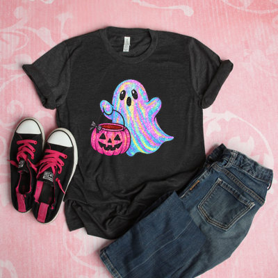 Pink Sparkle Ghost With Candy Bucket - Soft Cozy Longer Length Bella Canvas Tees