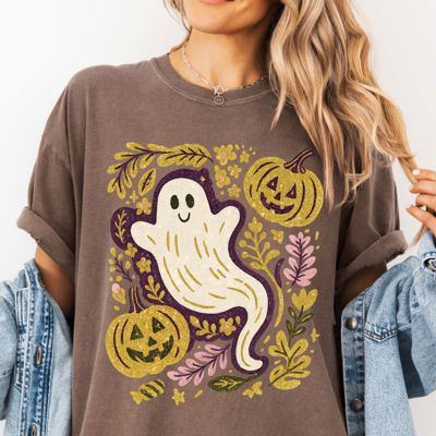 Faux Sparkle Folk Art Ghost Halloween Fall Design - T-Shirt (Crewneck)  100 Cotton Heavyweight Tee (Unisex)  Comfort Colors