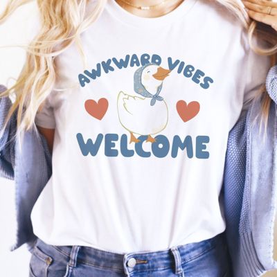 Awkward Vibes Welcome Cute Cottage Core Goose - T-Shirt (Crewneck)  100 Cotton Solid Colors Jersey Tee (Unisex)  Bella Canvas, T-Shirt (Crewneck)  Poly-Cott