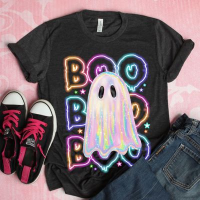Faux Iridescent Neon Glow Boo Ghost Halloween - T-Shirt (Crewneck)  100 Cotton Solid Colors Jersey Tee (Unisex)  Bella Canvas, T-Shirt (Crewneck)  Poly-Cott