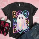  Faux Iridescent Neon Glow Boo Ghost Halloween - T-Shirt (Crewneck)  100 Cotton Solid Colors Jersey Tee (Unisex)  Bella Canvas, T-Shirt (Crewneck)  Poly-Cott