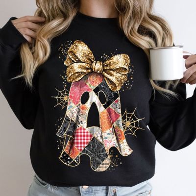 Faux Sparkly Patchwork Glitter Ghost For Fall - Cozy Drop Shoulder Sweatshirt
