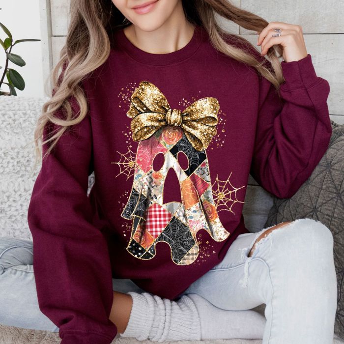 Faux Sparkly Patchwork Glitter Ghost For Fall - Cozy Drop Shoulder Sweatshirt