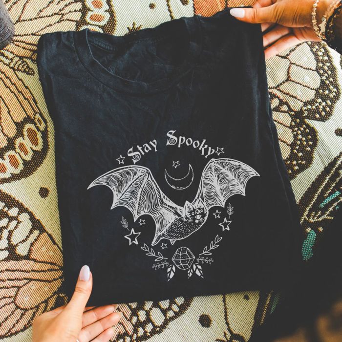 Stay Spooky Boho Style Halloween Bat - Soft Longer Length Bella Canvas Tee