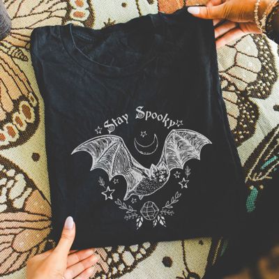 Stay Spooky Boho Style Halloween Bat - Soft Longer Length Bella Canvas Tee