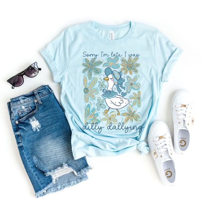 Sorry Im Late I Was Dilly Dallying Cute Floral Goose Duck - Soft Longer Length Bella Canvas Tee