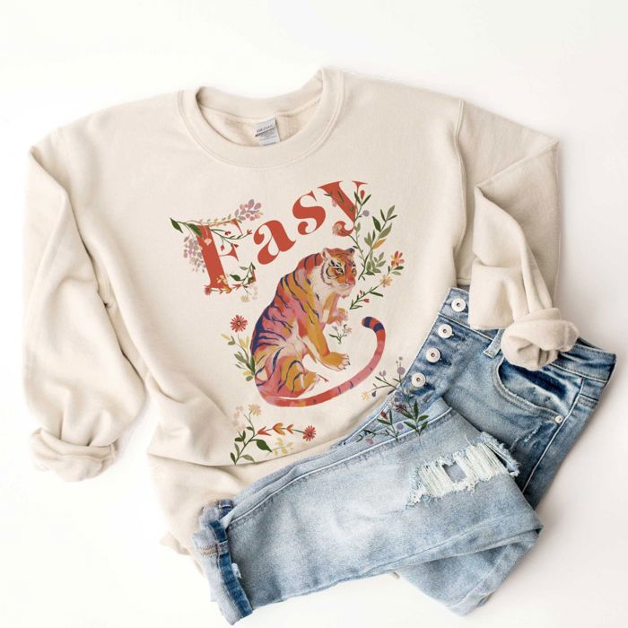 Easy Tiger Floral Asian Chinese Korean Japanese Style - Sweatshirt (Crewneck)  Poly-Cotton Colors (Unisex)  Gildan