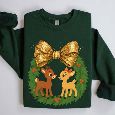 Vintage Style Rudolph The Red Nosed Reindeer Glitter Gold Bow  - Comfy Drop Shoulder Sweatshirt