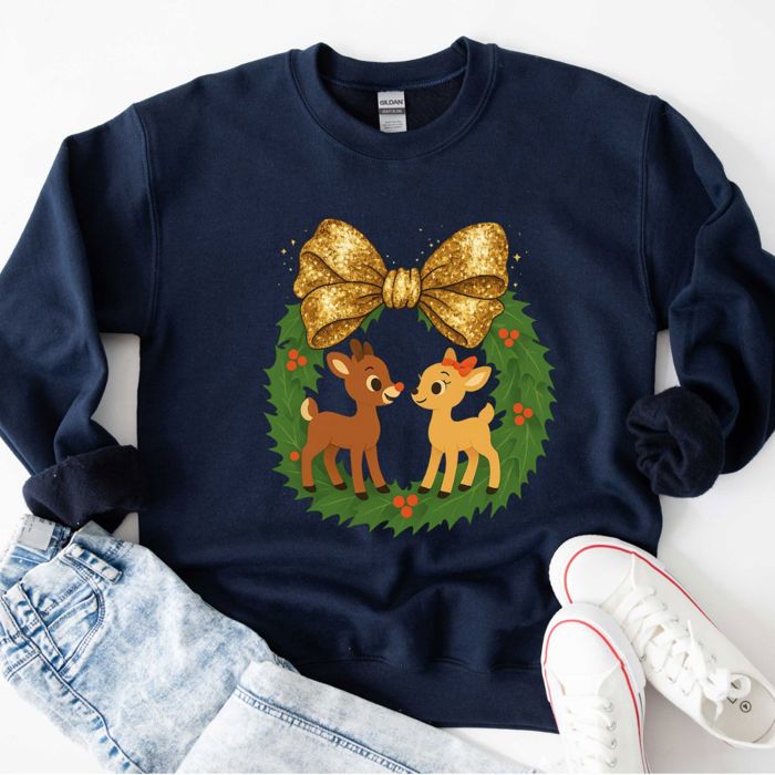 Vintage Style Rudolph The Red Nosed Reindeer Glitter Gold Bow  - Comfy Drop Shoulder Sweatshirt