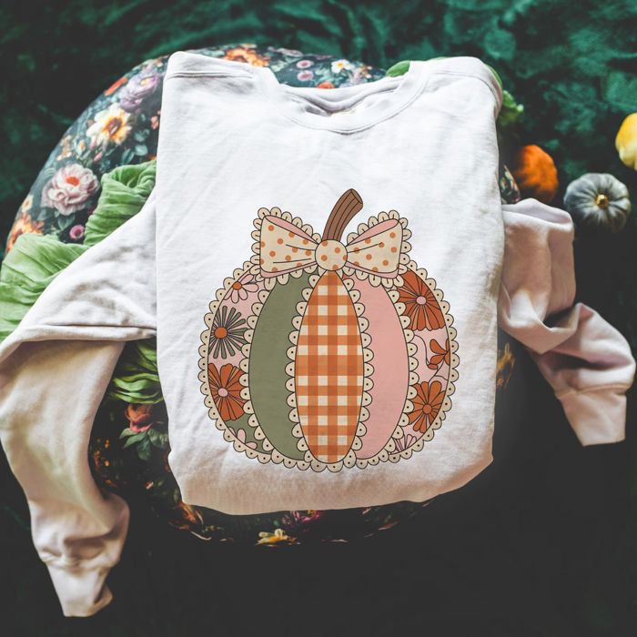 Floral Patchwork Pumpkin Cartoon Outlined Style - Comfy Drop Shoulder Sweatshirt