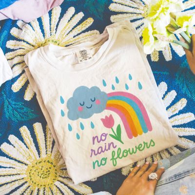No Rain No Flowers Cheerful Cloud and Rainbow Design - Soft Washed Heavyweight Comfort Colors Tee