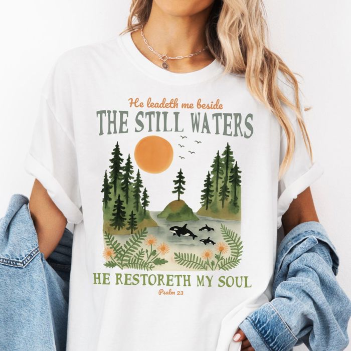 He Leadeth Me Beside The Still Waters Christian Bible Verse San Juan Orcas - T-Shirt Cotton Heavyweight Tee Comfort Colors