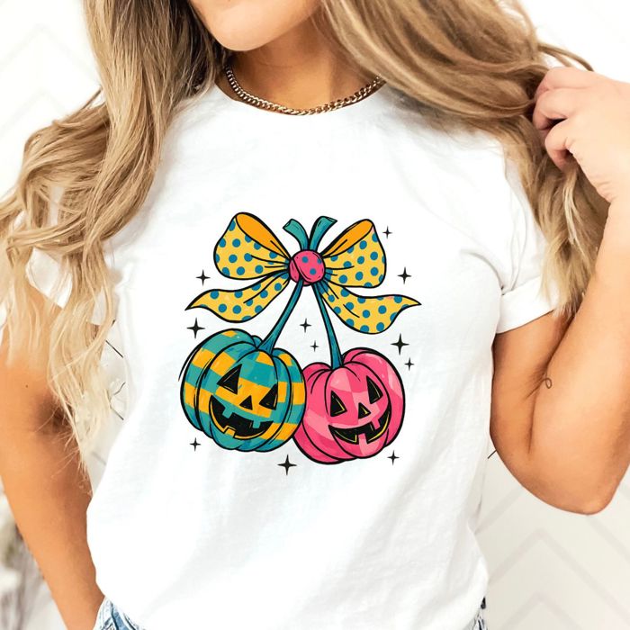 Cute Cartoon Style Pumpkin Cherries Bright Colors - Soft Longer Length Bella Canvas
