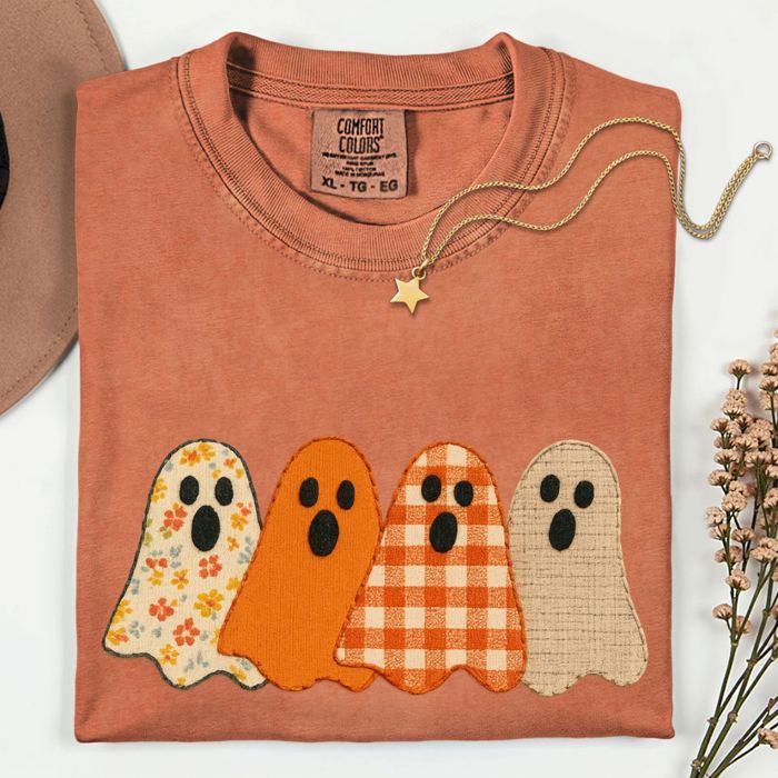 Four Faux Fabric Ghosties For Halloween and Fall - T-Shirt Soft Wash Heavyweight Tee (Unisex) Comfort Colors