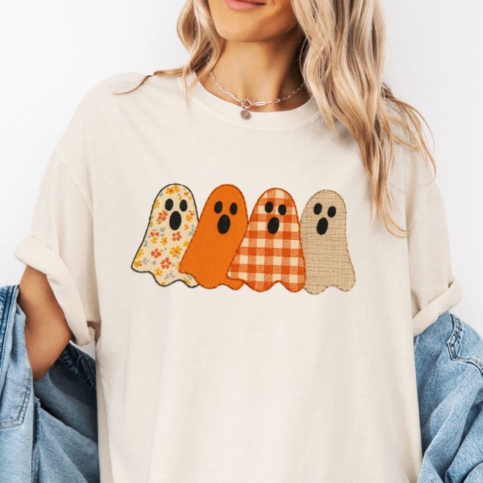 Four Faux Fabric Ghosties For Halloween and Fall - T-Shirt Soft Wash Heavyweight Tee (Unisex) Comfort Colors