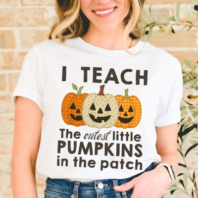 I Teach The Cutest Pumpkins in the Patch - T-Shirt (Crewneck)  100 Cotton Solid Colors Jersey Tee (Unisex)  Bella Canvas, T-Shirt (Crewneck)  Poly-Cotton He