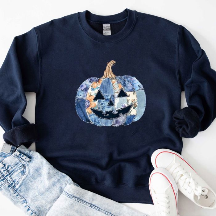 Happy Blue Patchwork Pumpkin Halloween Fall - Comfy Drop Should Sweatshirt