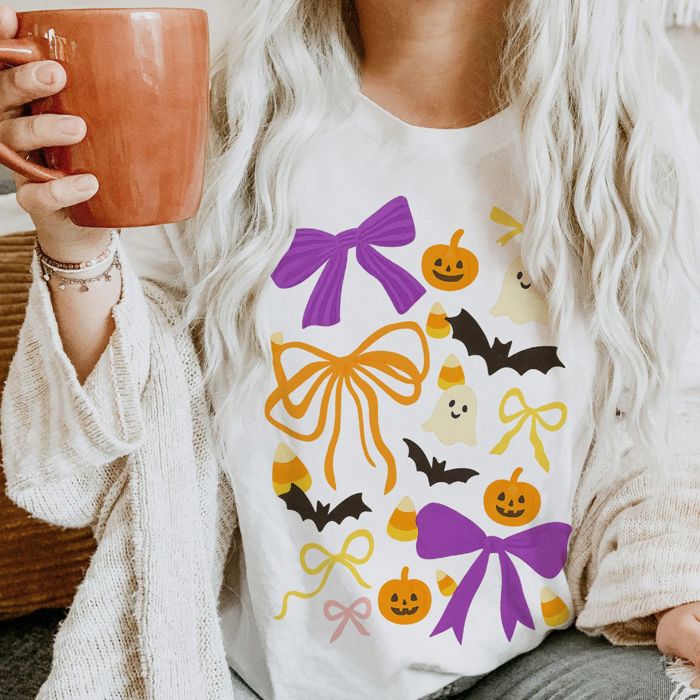 Bow Halloween Candy Collage Sketch - Soft Cozy Longer Length Bella Canvas Tee