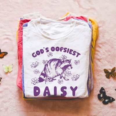 Gods Oppsiest Daisy Vintage Sketched Raccoon Christian Bible Sayings - Soft Comfy Longer Length Bella Canvas Tee