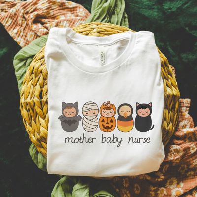 Spooky Little Bundles Mother Baby Nurse Fall Halloween - T-Shirt (Crewneck)  100 Cotton Solid Colors Jersey Tee (Unisex)  Bella Canvas, T-Shirt (Crewneck)  