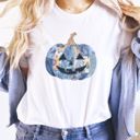  Blue Floral Faux Patchwork Jack-O-Lantern Fall Halloween - T-Shirt (Crewneck)  100 Cotton Solid Colors Jersey Tee (Unisex)  Bella Canvas, T-Shirt (Crewneck)