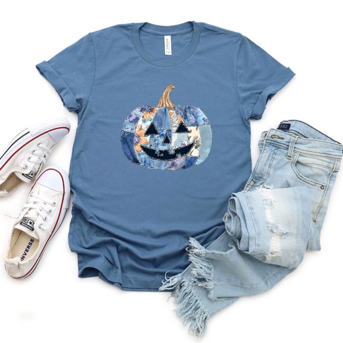 Blue Floral Faux Patchwork Jack-O-Lantern Fall Halloween - T-Shirt (Crewneck)  100 Cotton Solid Colors Jersey Tee (Unisex)  Bella Canvas, T-Shirt (Crewneck)