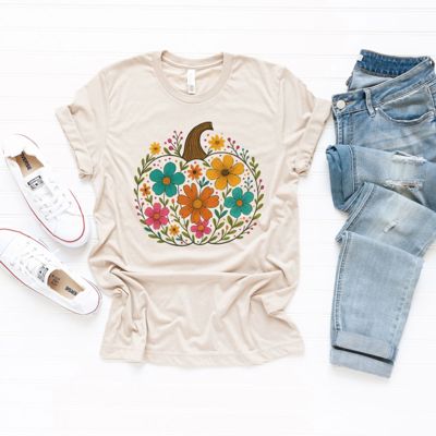 Fall Flower Hand Sketch Harvest Pumpkin - Soft Longer Length Bella Canvas Tee