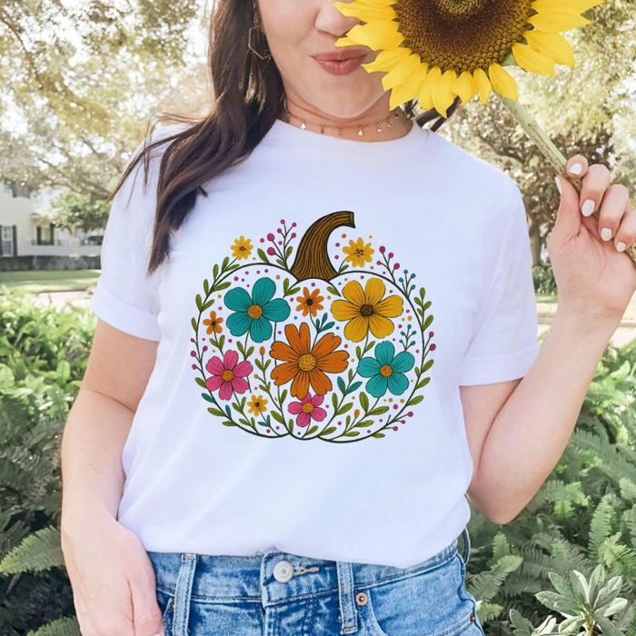 Fall Flower Hand Sketch Harvest Pumpkin - Soft Longer Length Bella Canvas Tee